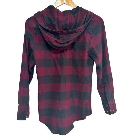 Aritzia TNA Hooded Wine & Black Checkered Flannel Button Down Shirt Size S - Picture 2 of 6